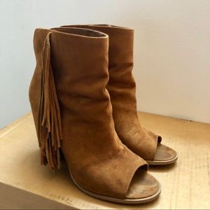 Suede Peep Toe Fringe Heeled Bootie